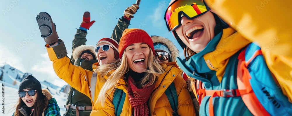Group of happy friends celebrating winter activities with joyful expressions in a snowy mountain landscape. Group of happy friends celebrating winter activities with joyful expressions in a snowy mountain landscape.