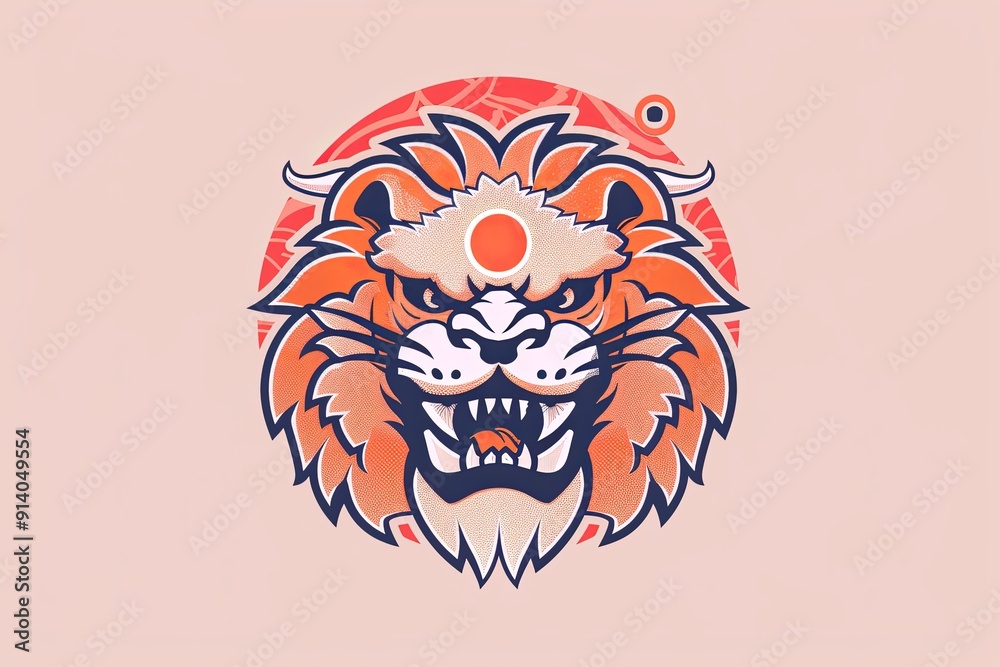 Fototapeta premium Fierce orange lion head illustration with a sun behind it.