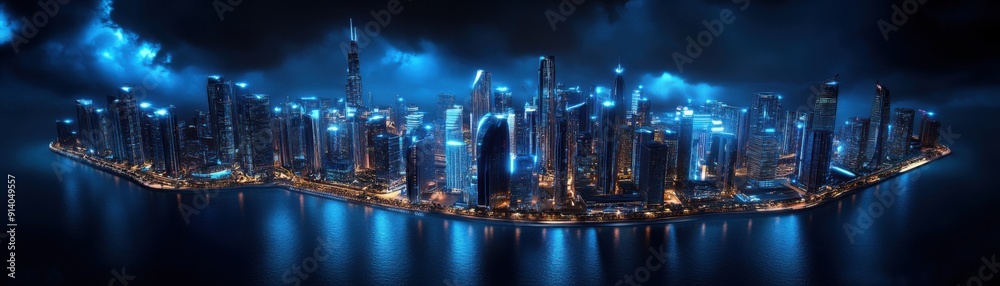 A stunning nighttime cityscape with vibrant lights reflecting on the water A stunning nighttime cityscape with vibrant lights reflecting on the water