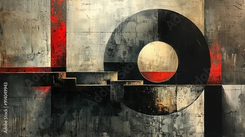 A contemporary abstract painting featuring black and white geometric lines and shapes with subtle textures.