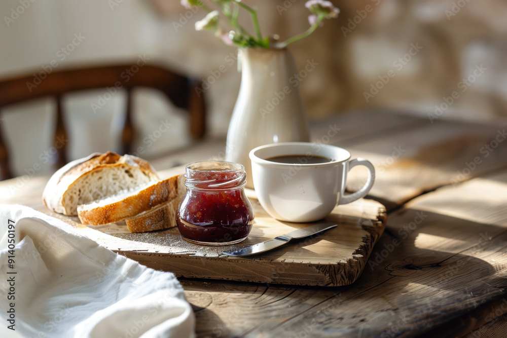 A cozy breakfast setting featuring rustic wooden table with jam, bread, and coffee A cozy breakfast setting featuring rustic wooden table with jam, bread, and coffee