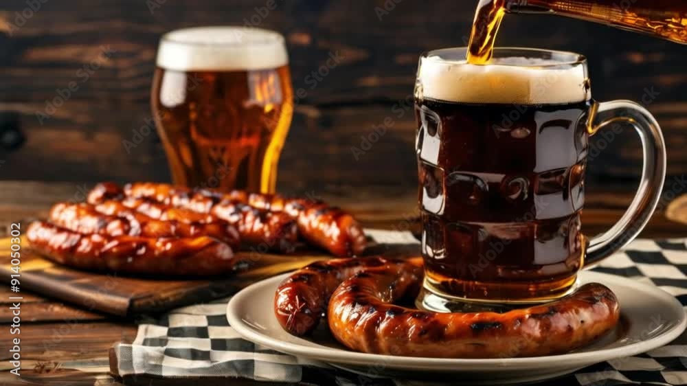 Glass of Dark Beer and Delicious Fried Sausages, Savory Pub Fare Glass of Dark Beer and Delicious Fried Sausages, Savory Pub Fare