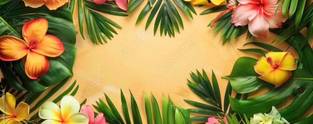 Tropical Flower Frame on Beige Background.