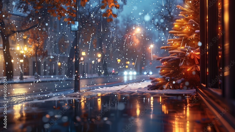 Snowy city street at night in winter, with a decorated tree and festive lights creating a cozy, magical atmosphere. Perfect for a romantic evening stroll Snowy city street at night in winter, with a decorated tree and festive lights creating a cozy, magical atmosphere. Perfect for a romantic evening stroll