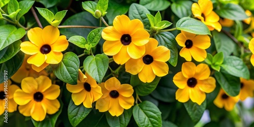 Vibrant yellow blooms with dark centers and soft, hairy petals unfurl amidst fresh green foliage on the twining stems of the Black-eyed Susan vine.