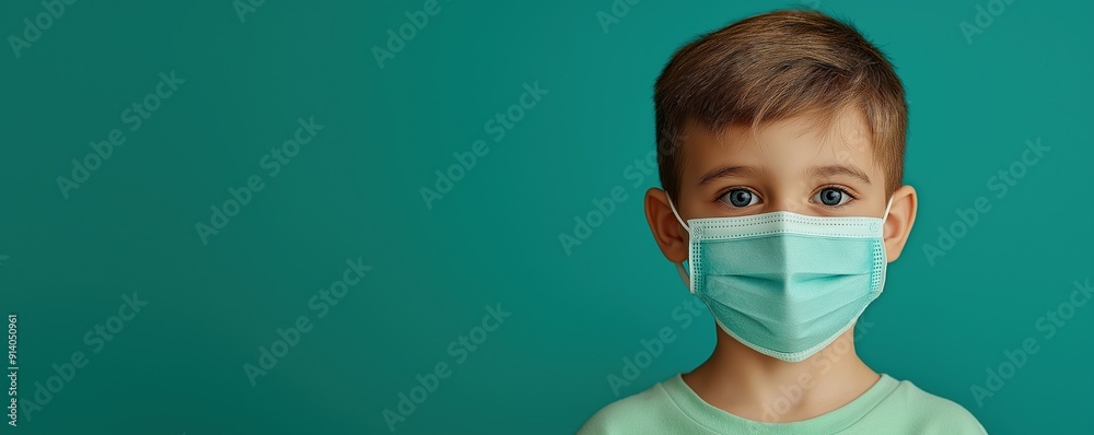 kid with corona medical face mask isolated on gradient green background, copy space, back to school kid with corona medical face mask isolated on gradient green background, copy space, back to school