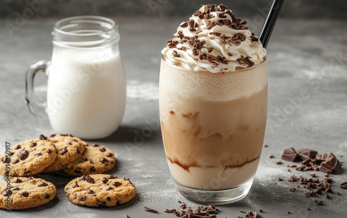 Generative AI of Luxurious Coffee Frappuccino with Cookies and Whipped Cream Concept for Gourmet Drink Photography, Cafe Menu Design, and Refreshing Beverage Ads photo