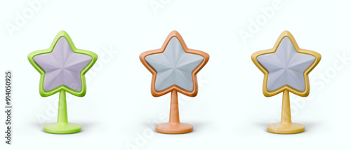 Set of crystal stars with metal frame in different colors. Collection of awards, prizes, trophies