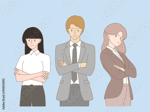 Group of business people standing, crossed arms. Hand drawn flat cartoon character vector illustration.