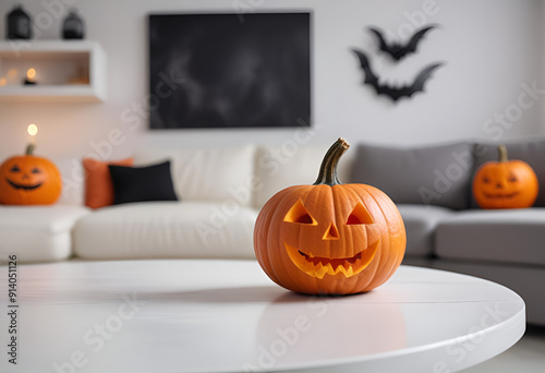 an orange jack lantern pumpkin with a carved face on a white table, with black frame in lving room and bat silhouettes on the wall in the background photo