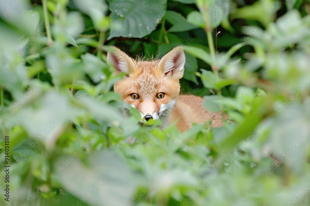 Fototapeta premium Curious Fox Peeking Through Green Foliage.