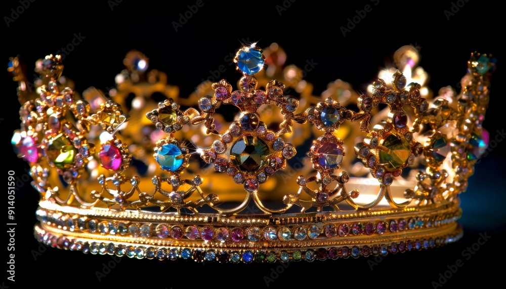 A golden crown with colorful gemstones sparkling under dramatic lighting, symbolizing royalty, luxury, and elegance A golden crown with colorful gemstones sparkling under dramatic lighting, symbolizing royalty, luxury, and elegance