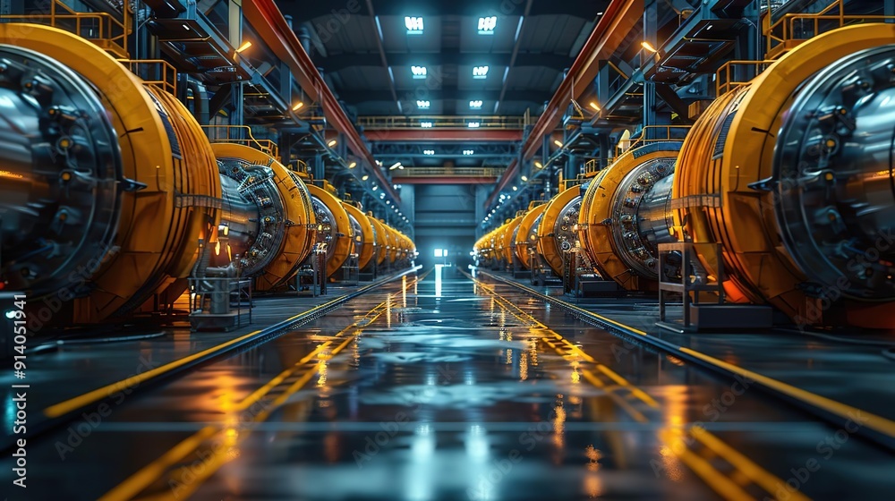 Industrial Factory Interior with Rows of Machinery