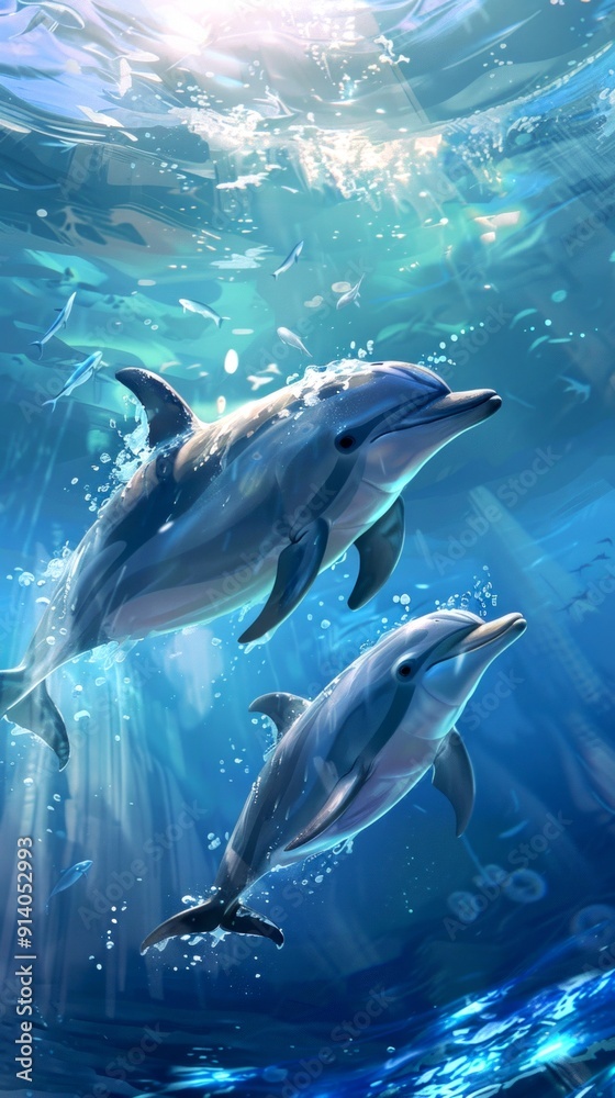 Fototapeta premium Beautiful underwater scene with two dolphins swimming gracefully. Stunning digital artwork for nature-related designs. Perfect for marine life-themed projects or ocean lovers. AI
