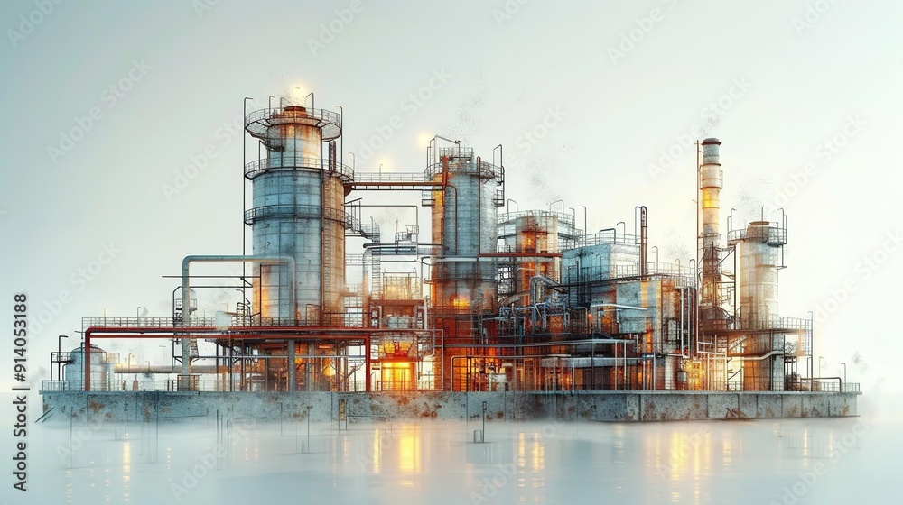 Industrial Refinery Complex in Foggy Atmosphere Industrial Refinery Complex in Foggy Atmosphere