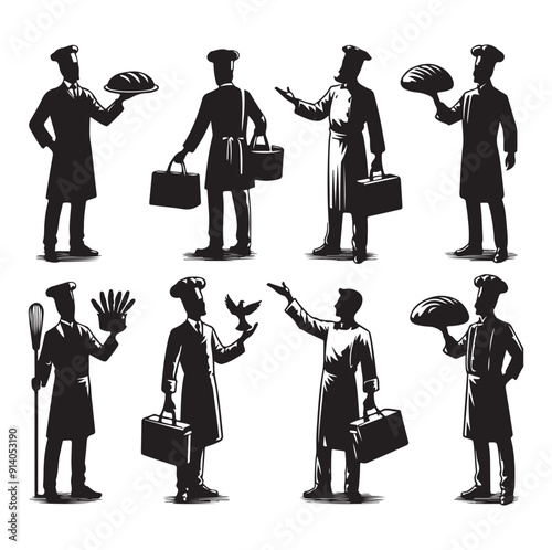 Set of Baker with Rolling Pin Black silhouette vector 
