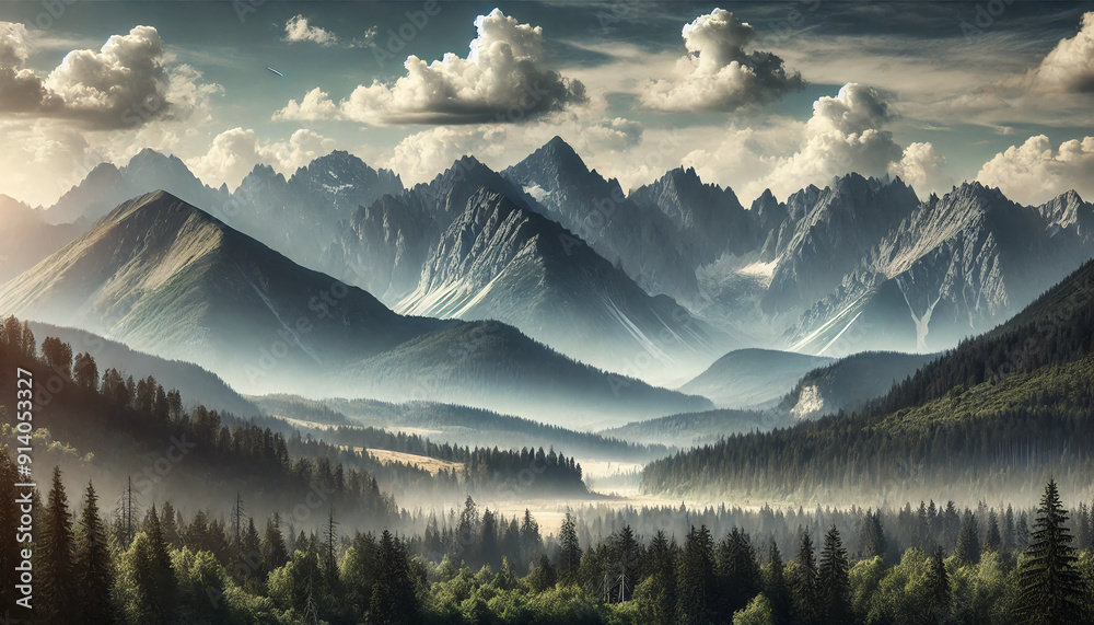 Obraz premium A highly realistic depiction of a mountain range with a forest in the foreground