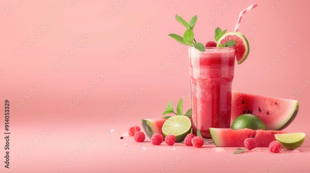 Glass of juice and fresh sweet ripe watermelon on table Glass of juice and fresh sweet ripe watermelon on table