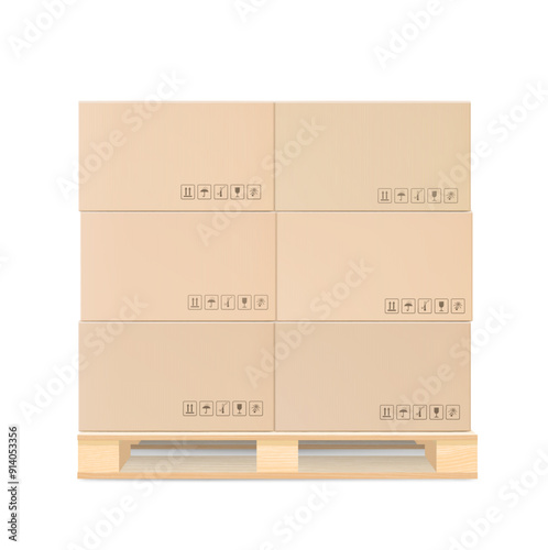 Corrugated boxes on wooden block pallet. Front view. High realistic vector illustration isolated on white background. Ready for use in presentation, promo, advertising. EPS10.