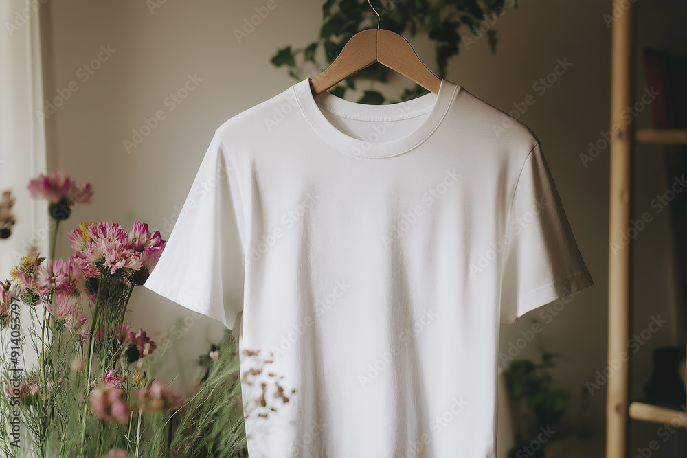 A plain white t-shirt on a wooden hanger surrounded by blooming pink flowers, set against a blurred natural background. A plain white t-shirt on a wooden hanger surrounded by blooming pink flowers, set against a blurred natural background.