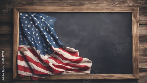 Abstract United States flag collage design with many or multiple overlapping flags painted as 3D graffiti cement wall old horizontal backgrounds leaving copy space for text, Generative AI