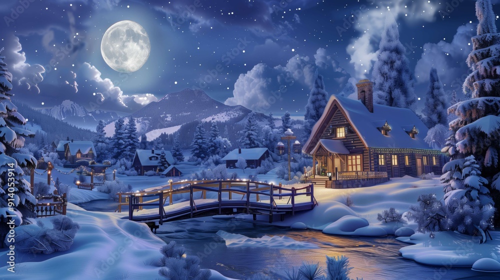 Wooden bridge illuminated by christmas lights is leading to a cozy chalet surrounded by snow-covered fir trees under a full moon
