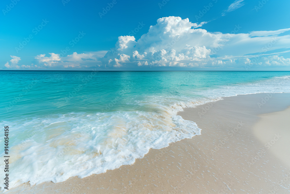 Fototapeta premium A tranquil beach scene with turquoise water and soft waves gently washing onto the sandy shore under a blue sky.