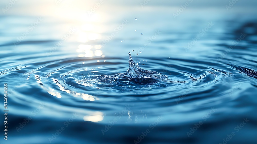 A droplet splashes into serene blue water, creating ripples under soft sunlight, perfect for themes of tranquility, nature, purity, and refreshment in advertisements or wellness content, A droplet splashes into serene blue water, creating ripples under soft sunlight, perfect for themes of tranquility, nature, purity, and refreshment in advertisements or wellness content,