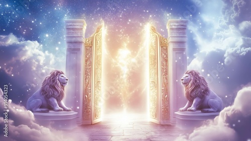Two white guardian lions sitting on each side of a giant golden gate opening to a bright light with fluffy clouds below and a starry night sky above