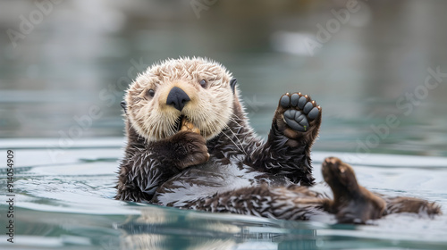 Adorable sea otter floats on back, cracking shell open with big smile on face.