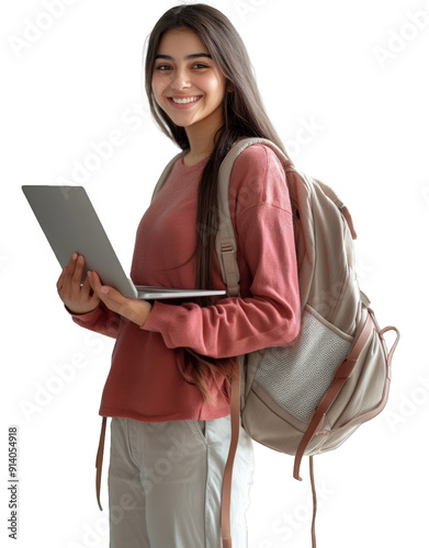 Smiling Young Indian College Student Standing with Laptop and Backpack, Transparent Background