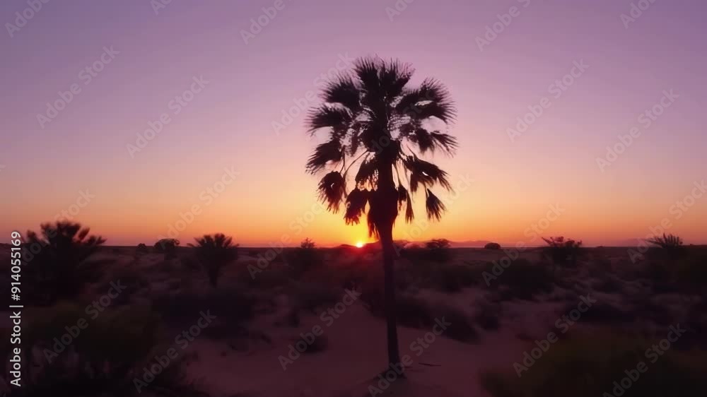 A tranquil desert sunset with a silhouetted palm tree against a colorful sky