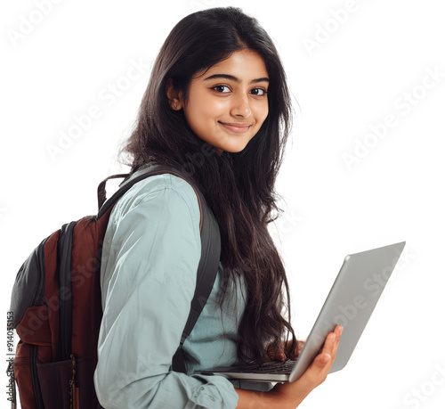 Young Indian College Student Standing with Laptop and Backpack, Transparent Background