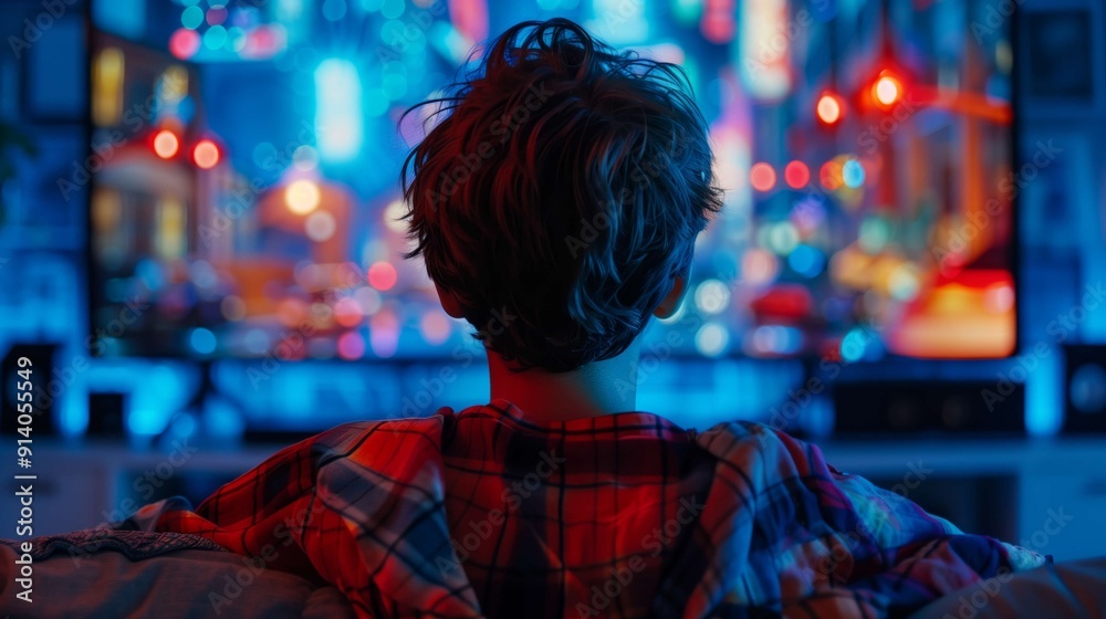 Teenager watches a colorful action movie on tv in a cozy living room at night, captivated by the cinematic glow and vibrant lights Teenager watches a colorful action movie on tv in a cozy living room at night, captivated by the cinematic glow and vibrant lights