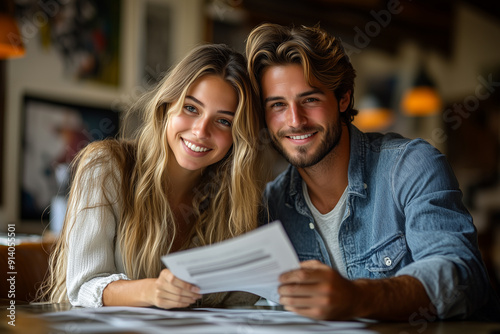 A photo of two happy and attractive professional people in their thirties, one man with glasses wearing a blue shirt sitting at a table reading paper documents while another woman is standing next to