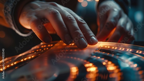 Close up of a film editor's hands meticulously reviewing and editing celluloid film on a steenbeck editing machine, illuminated by a warm, focused light
