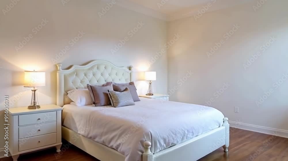 A cozy, elegant bedroom with a white bed and soft lighting A cozy, elegant bedroom with a white bed and soft lighting