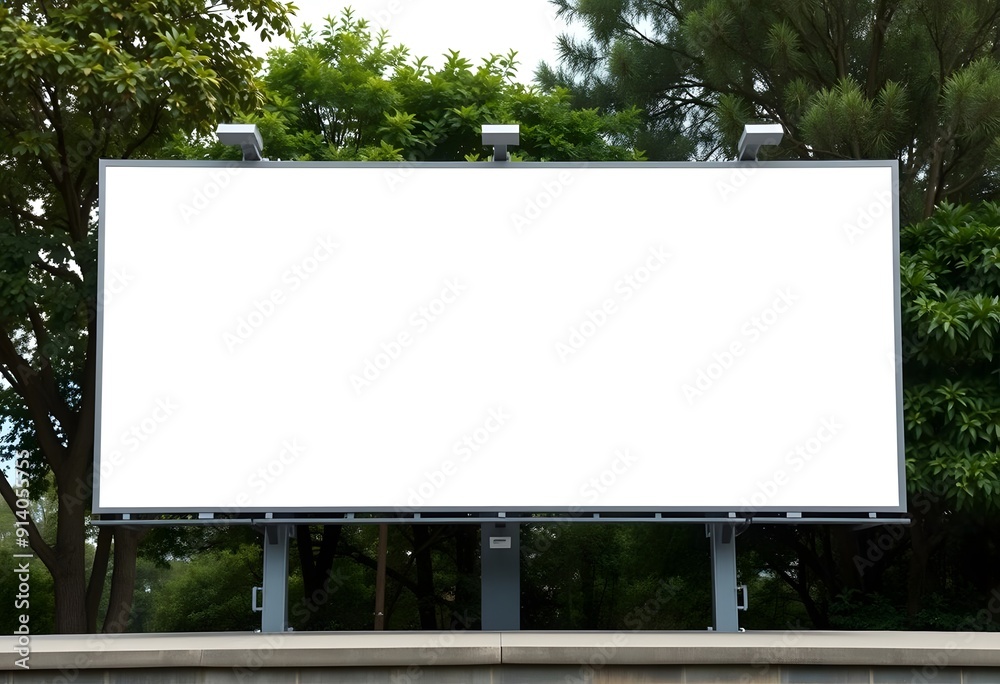 Advertising marketing billboard. A large white billboard in a park with lush green trees in the background