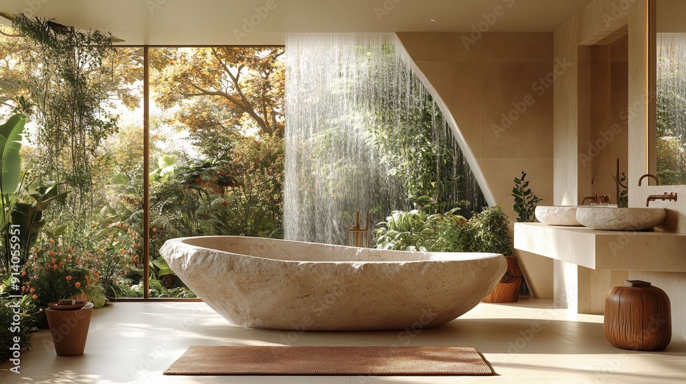 Sunlight streaming through a large window illuminating a modern bathroom featuring a large stone bathtub and a lush green forest in the background