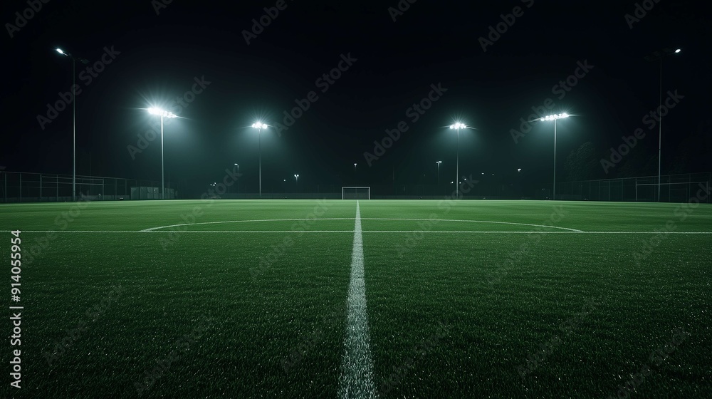 Lush green football field is illuminated by powerful stadium lights, creating a dramatic atmosphere for an upcoming night game Lush green football field is illuminated by powerful stadium lights, creating a dramatic atmosphere for an upcoming night game