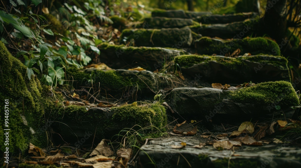 Moss-covered stone steps winding through a dense, dark forest with lush green foliage. Moss-covered stone steps winding through a dense, dark forest with lush green foliage.