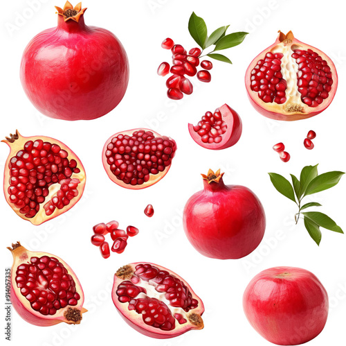 Fresh pomegranate fruit and seeds isolated on white background. High quality, vibrant and healthy food. Perfect for stock photography.