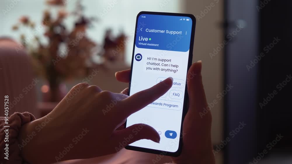 Live chat with the customer service chatbot. Artificial intelligence assistant provides online support for client of a business. Fictional Interface.