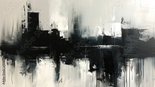A contemporary abstract painting featuring black and white geometric lines and shapes with subtle textures.
