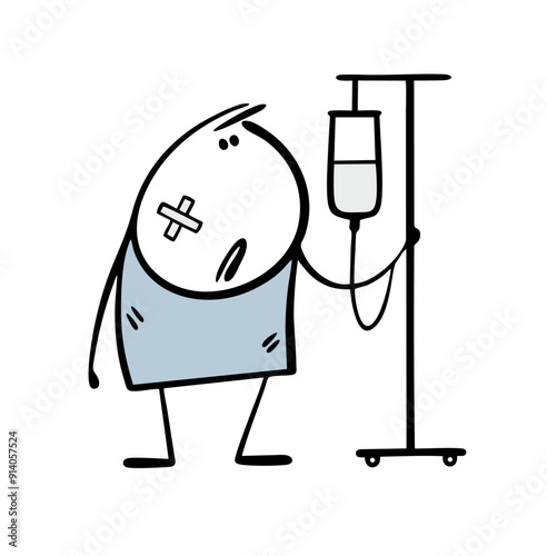Patient walks around the hospital with an IV. Vector illustration of a man getting sick. The cartoon stickman had an accident and is being treated with medication.
