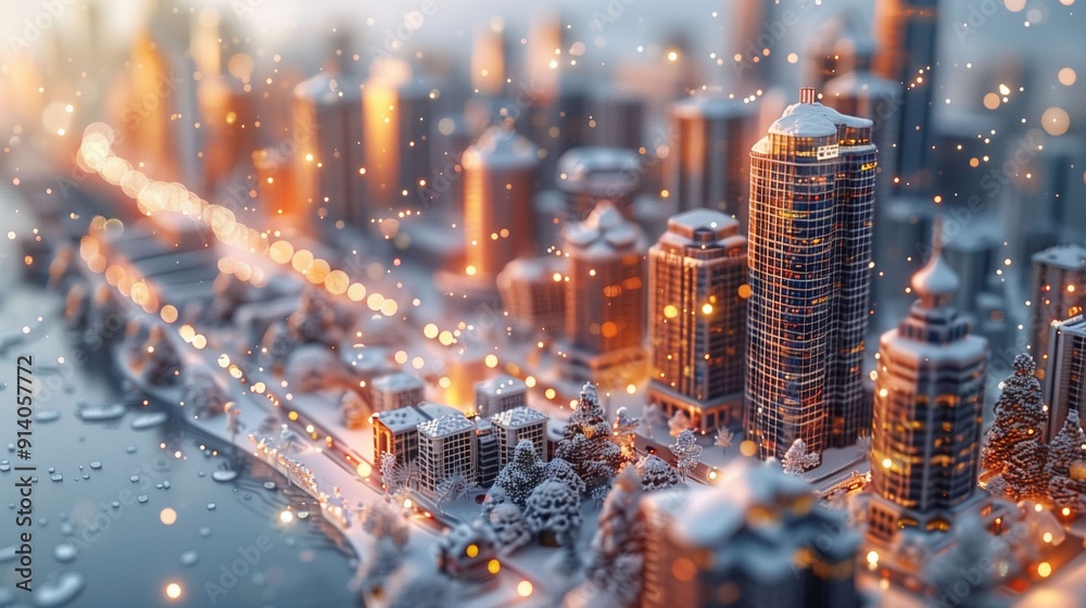 Miniature city covered in snow during christmas