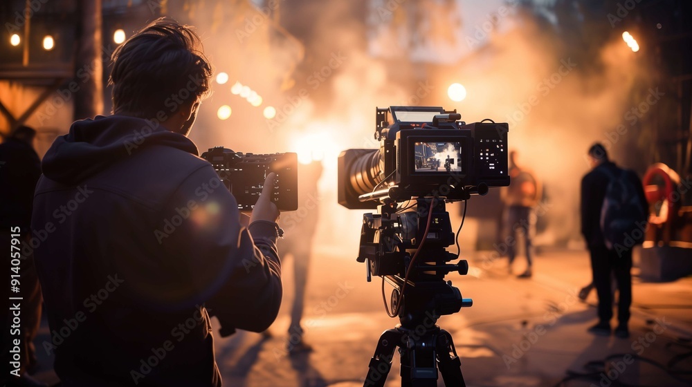Fototapeta premium Cameraman recording with professional camera on