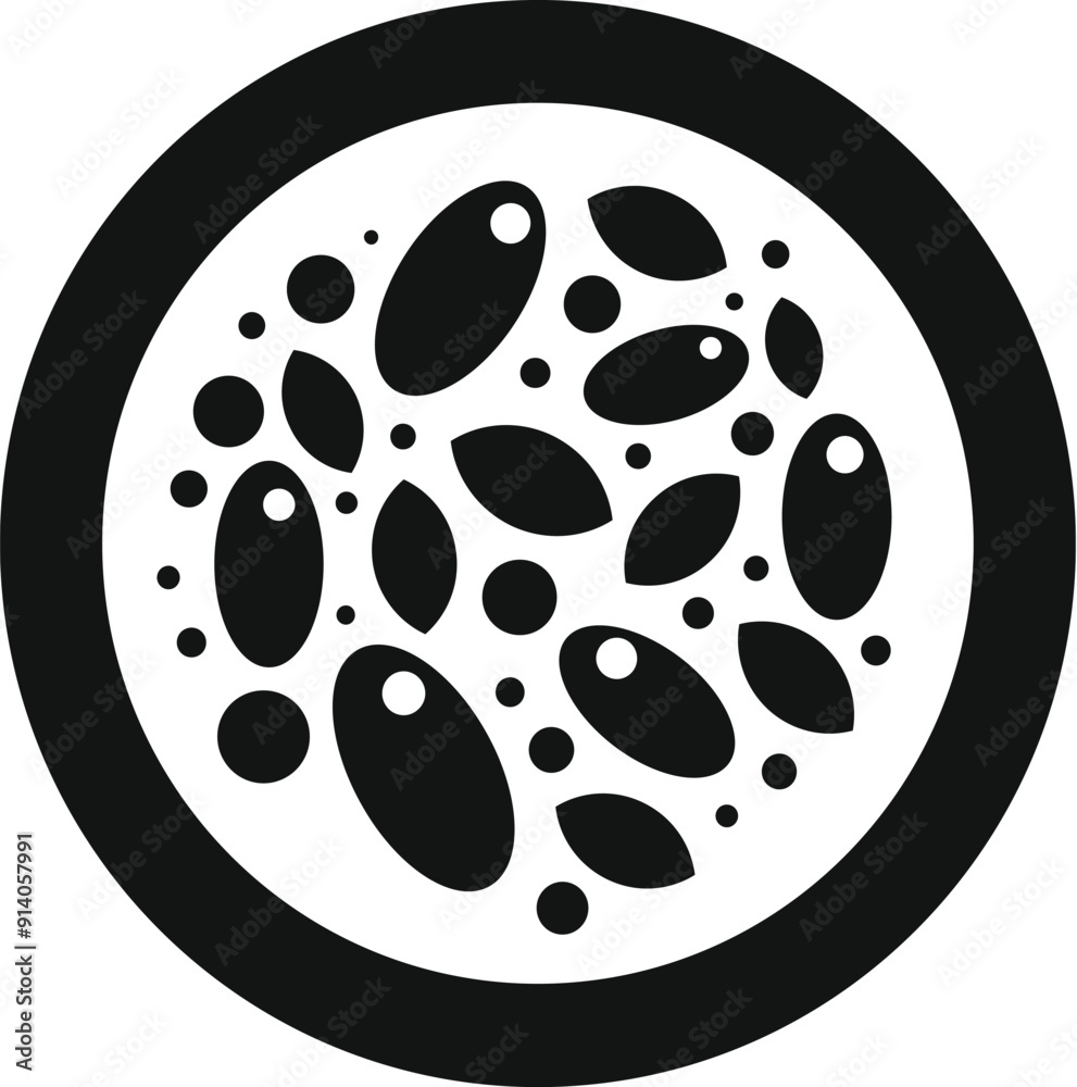 Black and white icon of a passion fruit cut in half showing seeds and juicy flesh