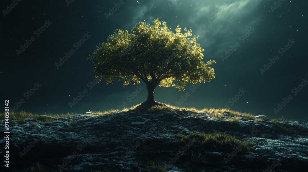 A tree is standing on a rocky hillside in the dark A tree is standing on a rocky hillside in the dark