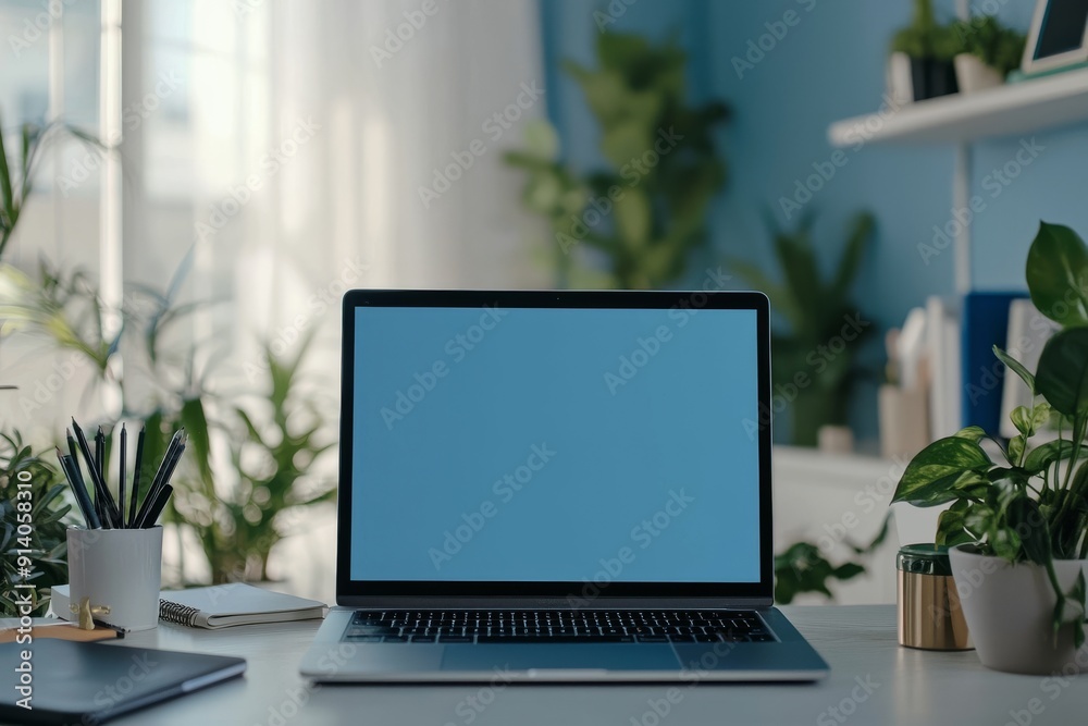 Modern workspace with a laptop displaying blank blue screen on desk with greenery Modern workspace with a laptop displaying blank blue screen on desk with greenery